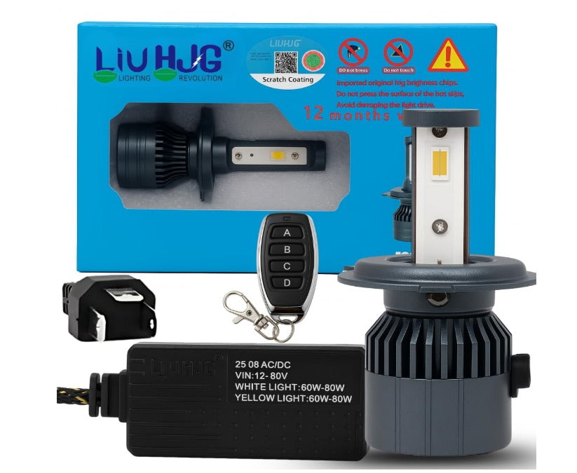 LIU HJG 60+60W Yellow/White LED Headlight Bulb with Remote. H4 Car, Bike, Truck And Van Light