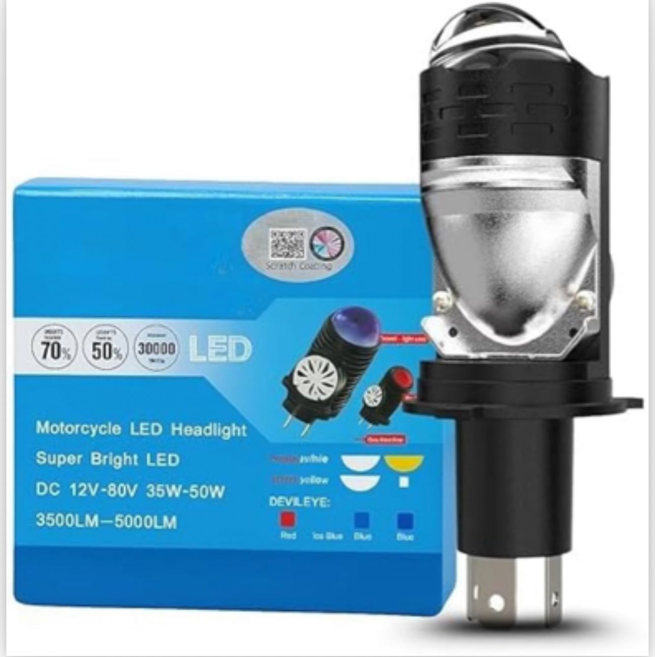 H4 Projector Lens LED Headlight Bulb 50W  White Light with Red Devil Eye