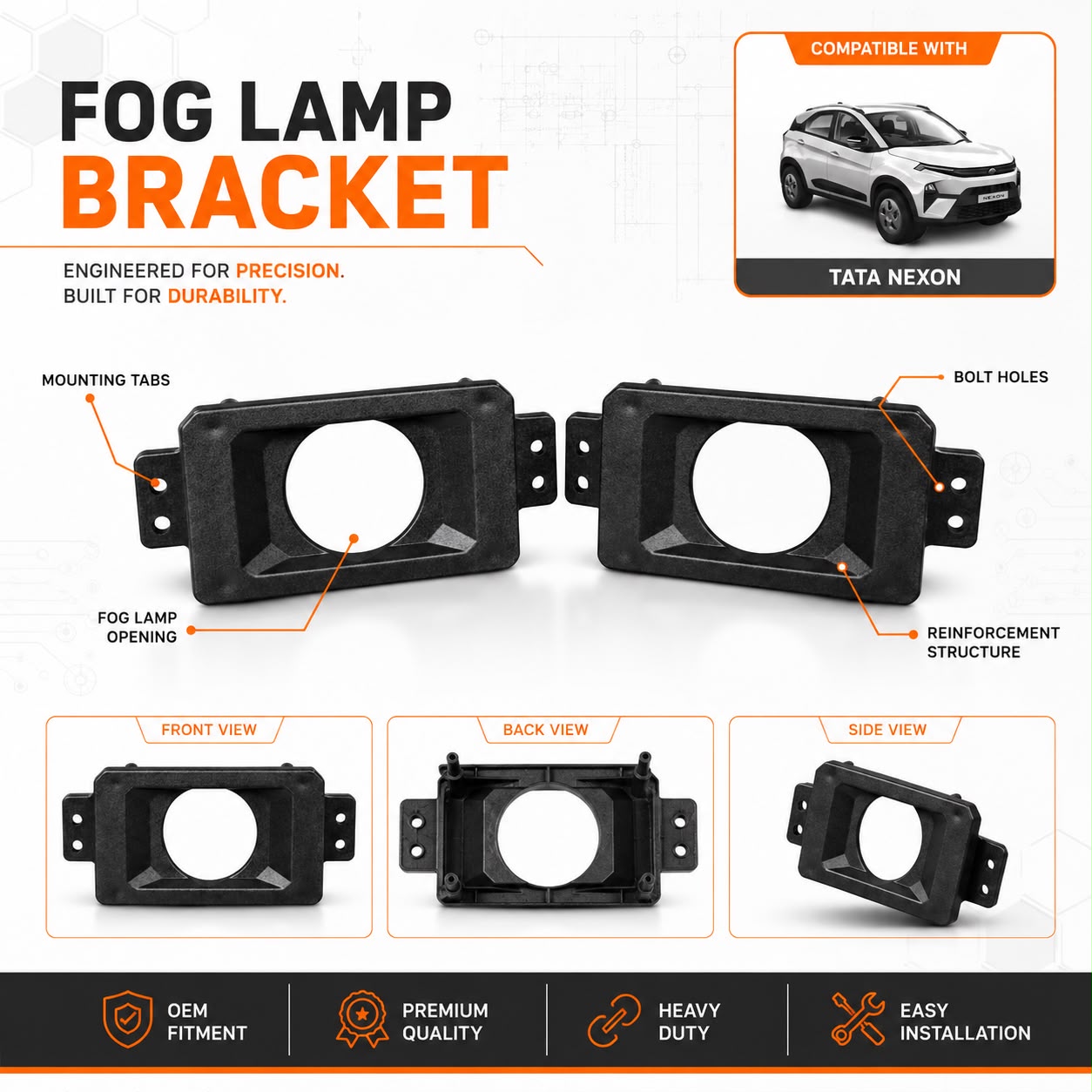 Tata Nexon Fog Lamp Bracket – Heavy-Duty ABS Mounting Bracket for 2-Inch Fog Lights