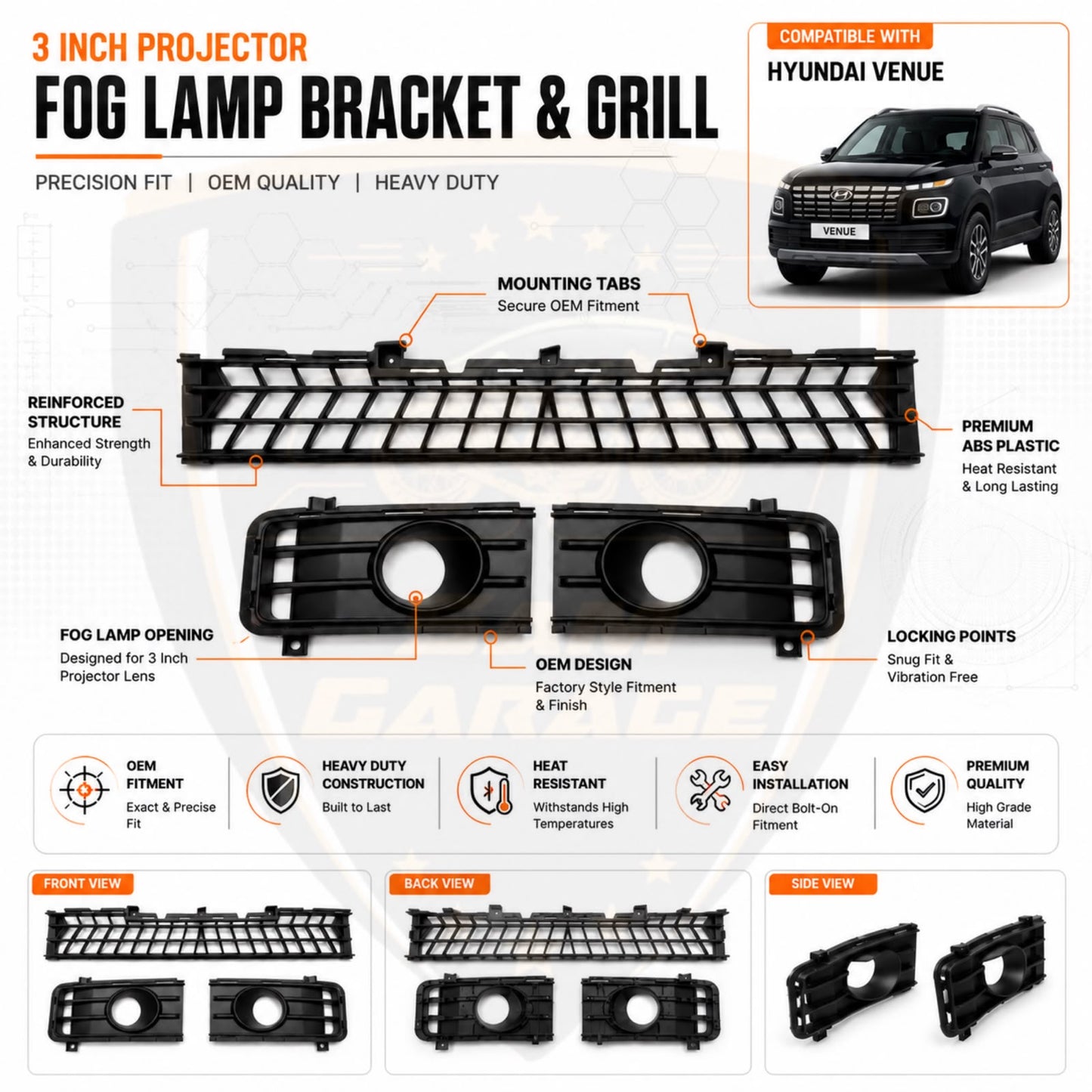 Hyundai Venue 2022 Front Grille with 3-Inch Projector Fog Lamp Bracket Set | Premium ABS Plastic | OEM Fit | Pair + Center Grille