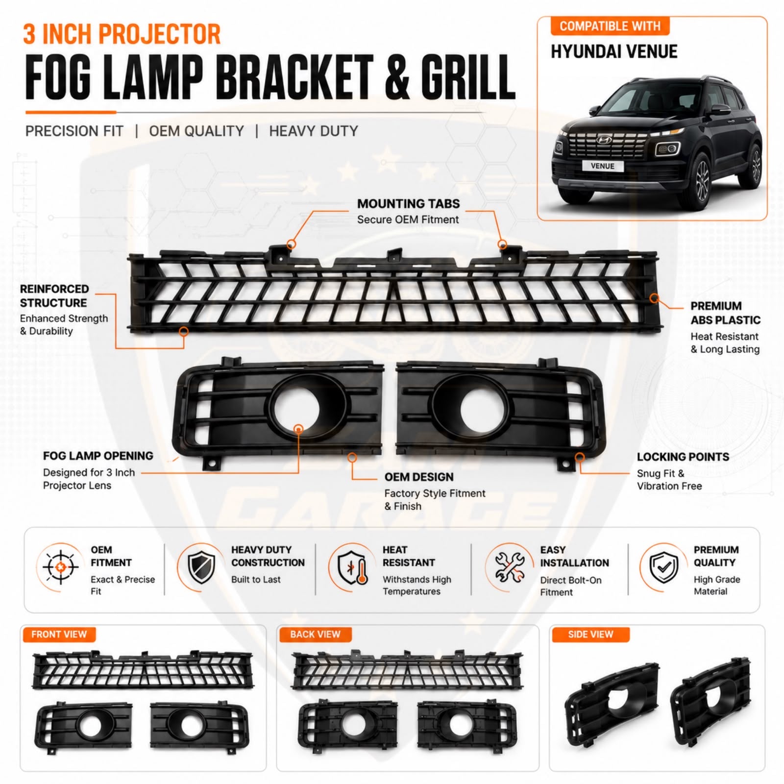 Hyundai Venue 2022 Front Grille with 3-Inch Projector Fog Lamp Bracket Set | Premium ABS Plastic | OEM Fit | Pair + Center Grille