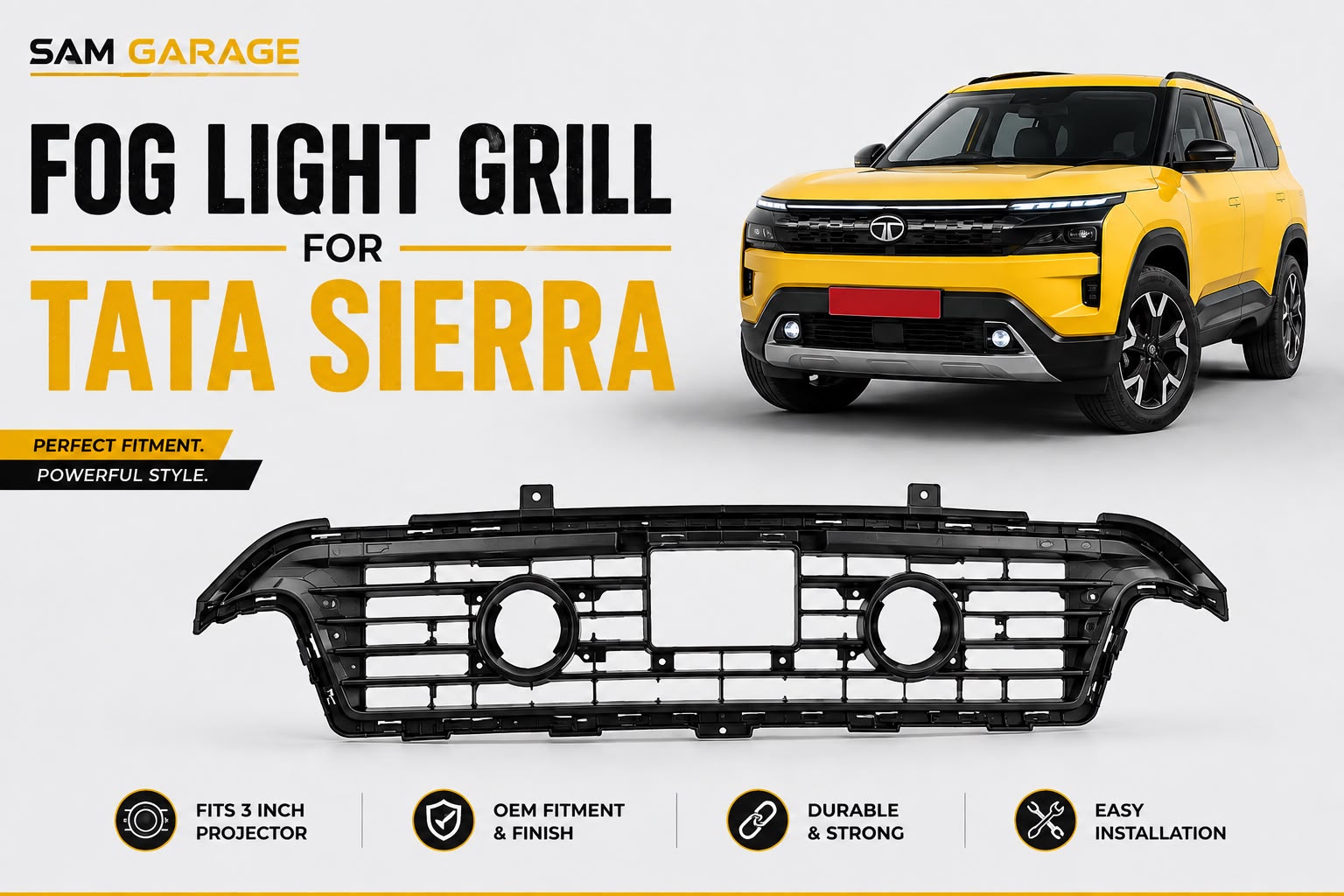 Tata Sierra Fog Light Grille – Premium ABS Plastic (3-Inch Projector Compatible)