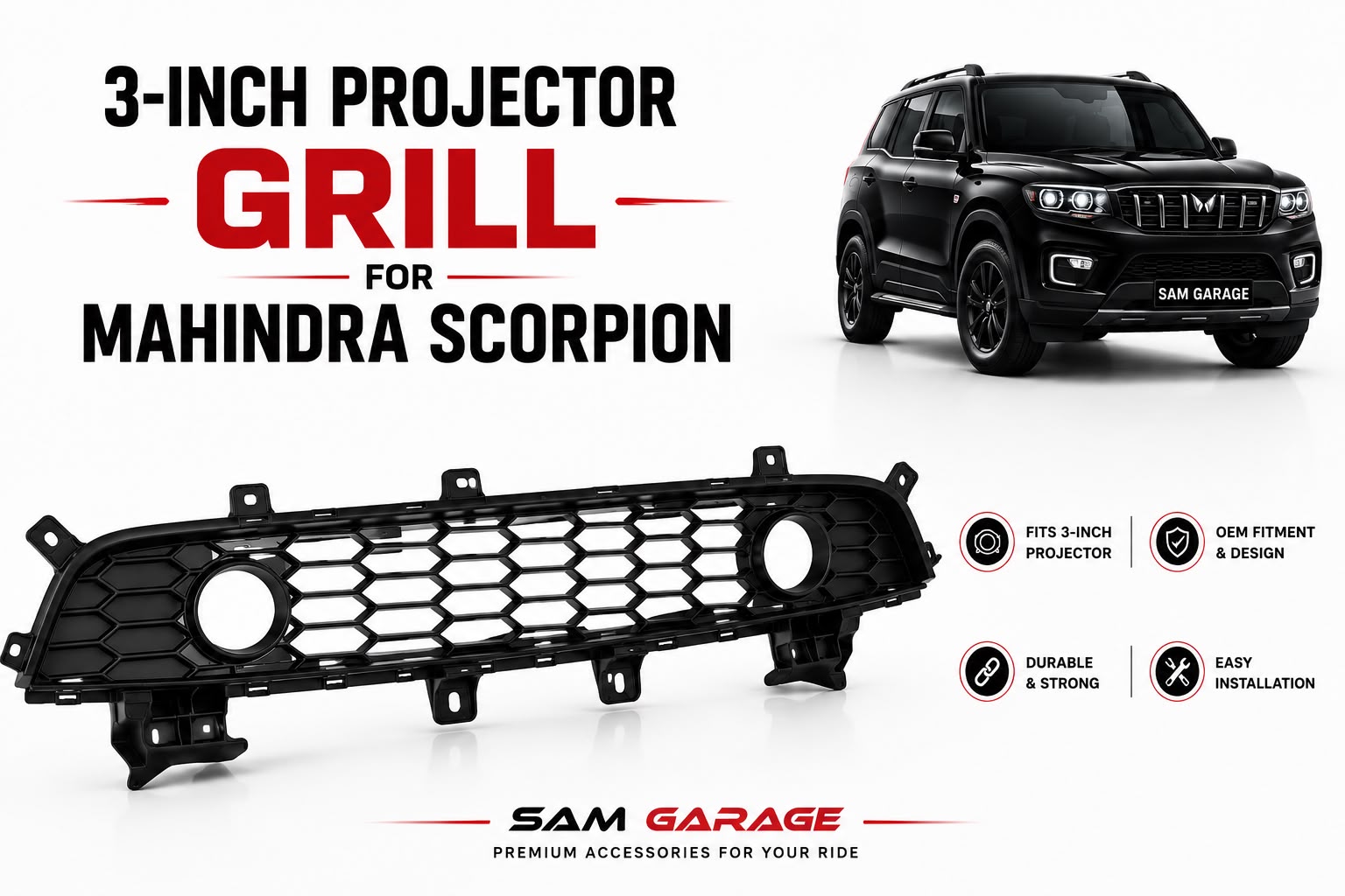 Mahindra Scorpion – Premium Heavy-Duty ABS (3-Inch Projector Grille) OEM-Style Fitment