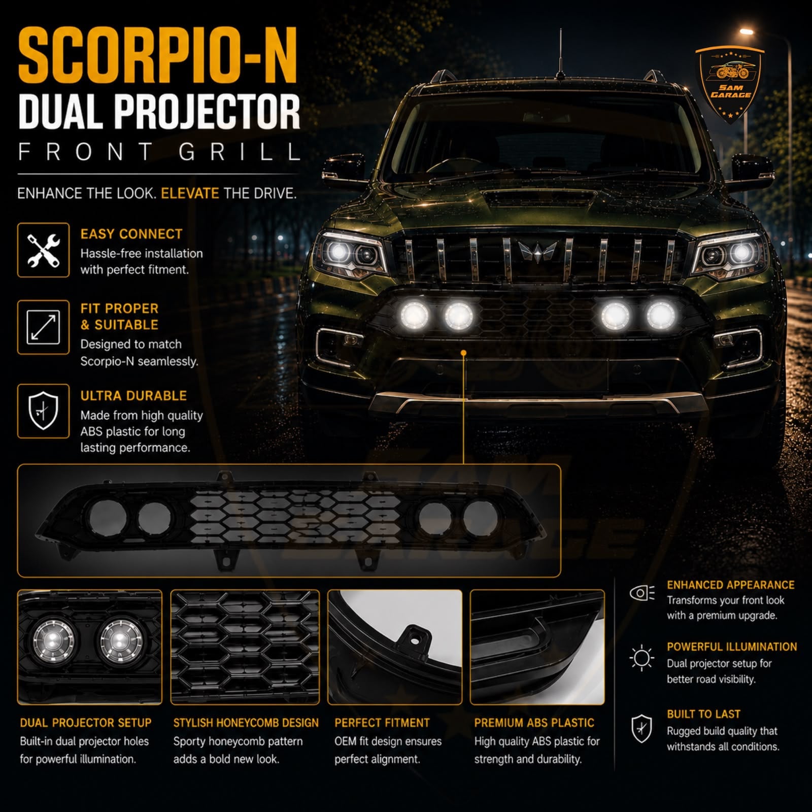 Mahindra Scorpion – Premium Heavy-Duty ABS (4 × 3-Inch Projector Grille) OEM-Style Fitment