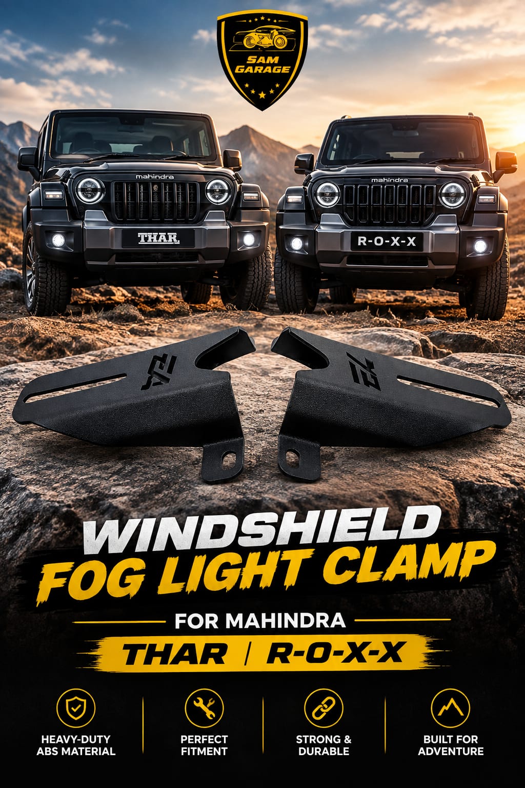 Sam Garage Heavy-Duty Metal Windshield Fog Light Clamp for Mahindra Thar &amp; Thar Roxx