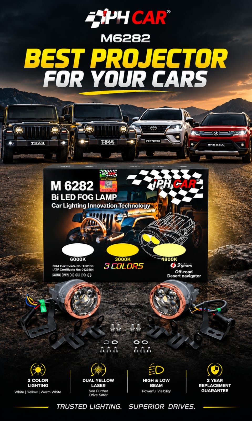 IPH M 6282 3-Inch Tri-Color Bi-LED Projector Fog Lamps